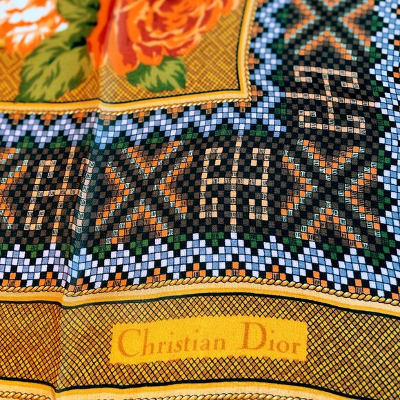 Christian Dior Vintage Silk Scarf – Floral Pattern with Geometric Border - Picture 5 of 12